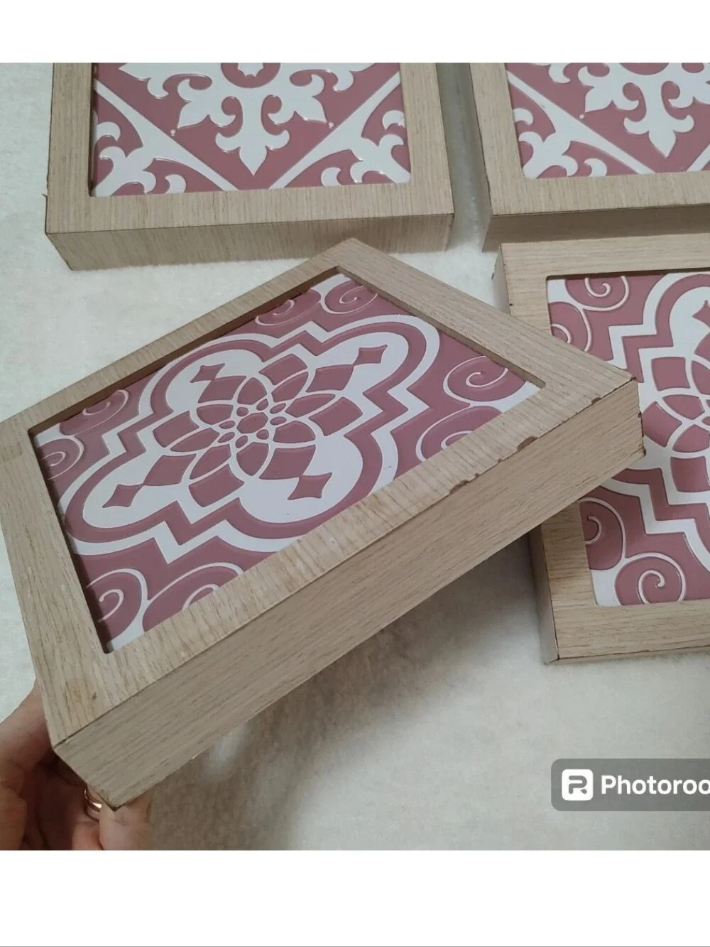 Set of 4 Pink White 8x8 Framed Wall Art Metal Tile Square Plaque Coquette Decor